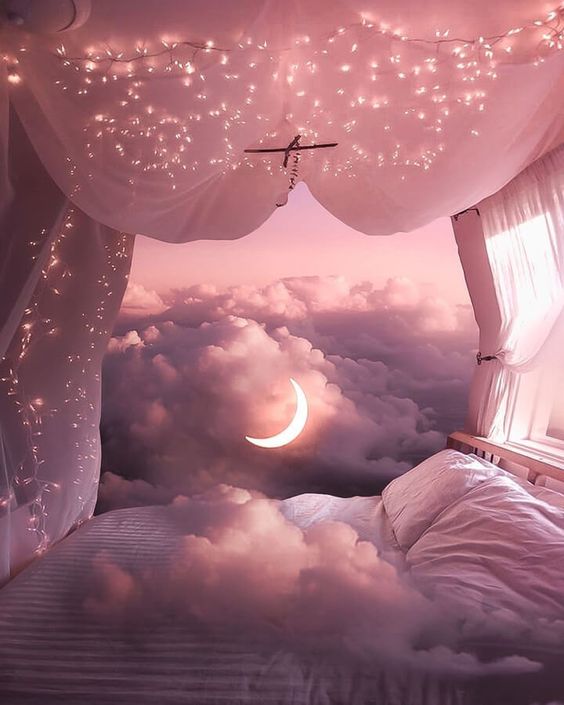 Dream aesthetic in clouds with moon and lights
